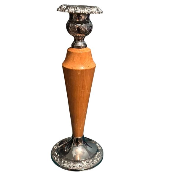 Pair Of Vintage English Silver Plate & Wood 8" Tall Candle Holders - Picture 7 of 9